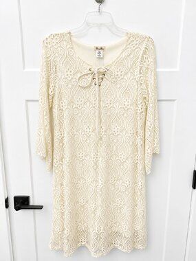 Brittany Black Dress Womens Small Ivory Cream Lace Front Tassel Bell Sleeve Boho